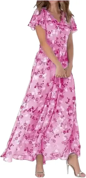 Womens Floral Summer Dress Sundresses for Women Short Sleeve V Neck a Line Chiffon Ruffle Flowy Maxi Dress Casual 2025