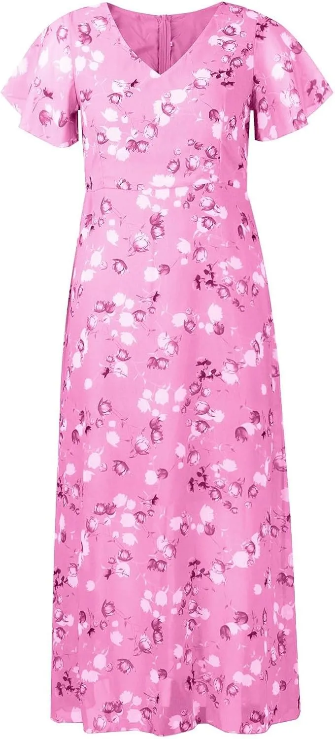 Womens Floral Summer Dress Sundresses for Women Short Sleeve V Neck a Line Chiffon Ruffle Flowy Maxi Dress Casual 2025