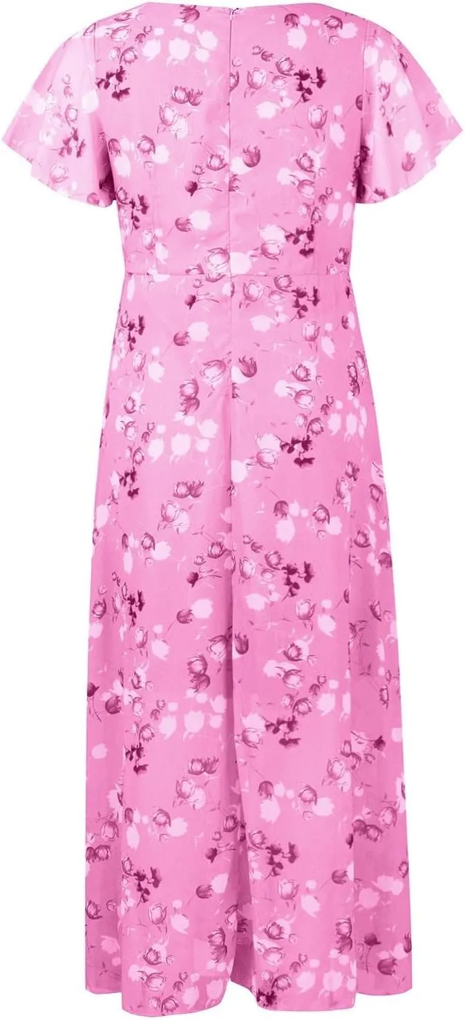 Womens Floral Summer Dress Sundresses for Women Short Sleeve V Neck a Line Chiffon Ruffle Flowy Maxi Dress Casual 2025