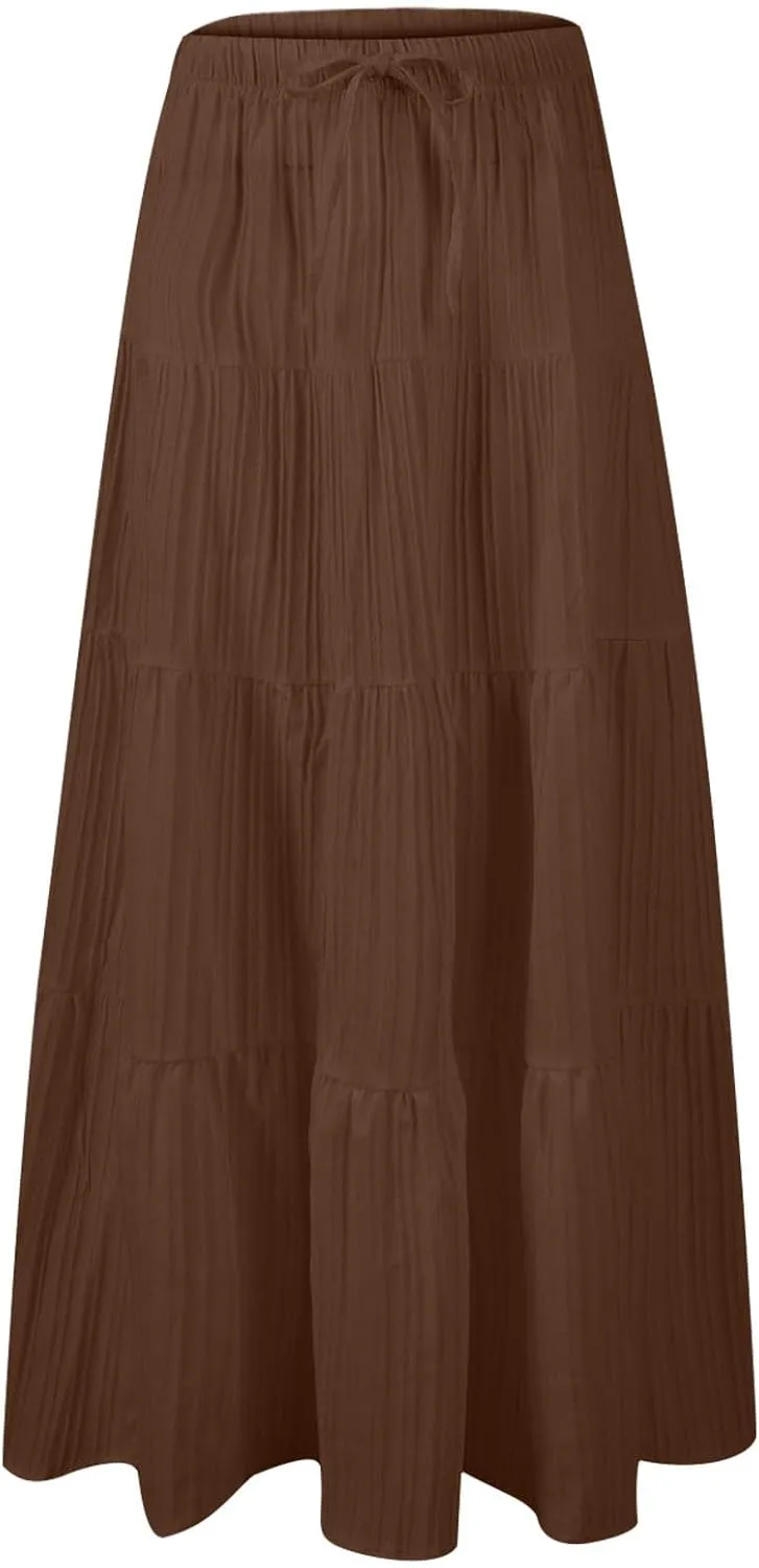 Women's Flowy Flared Ruffle Boho Long Skirt Summer Maxi Skirt Tiered Long Vacation A-Line Pleated Drawstring Swing Skirts