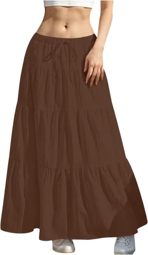Women's Flowy Flared Ruffle Boho Long Skirt Summer Maxi Skirt Tiered Long Vacation A-Line Pleated Drawstring Swing Skirts