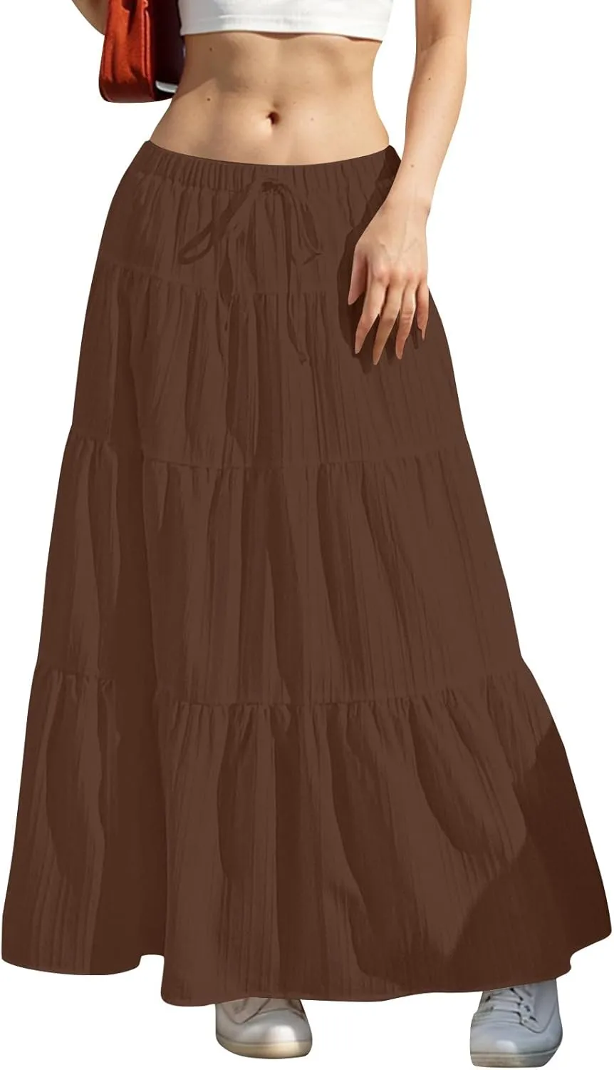 Women's Flowy Flared Ruffle Boho Long Skirt Summer Maxi Skirt Tiered Long Vacation A-Line Pleated Drawstring Swing Skirts