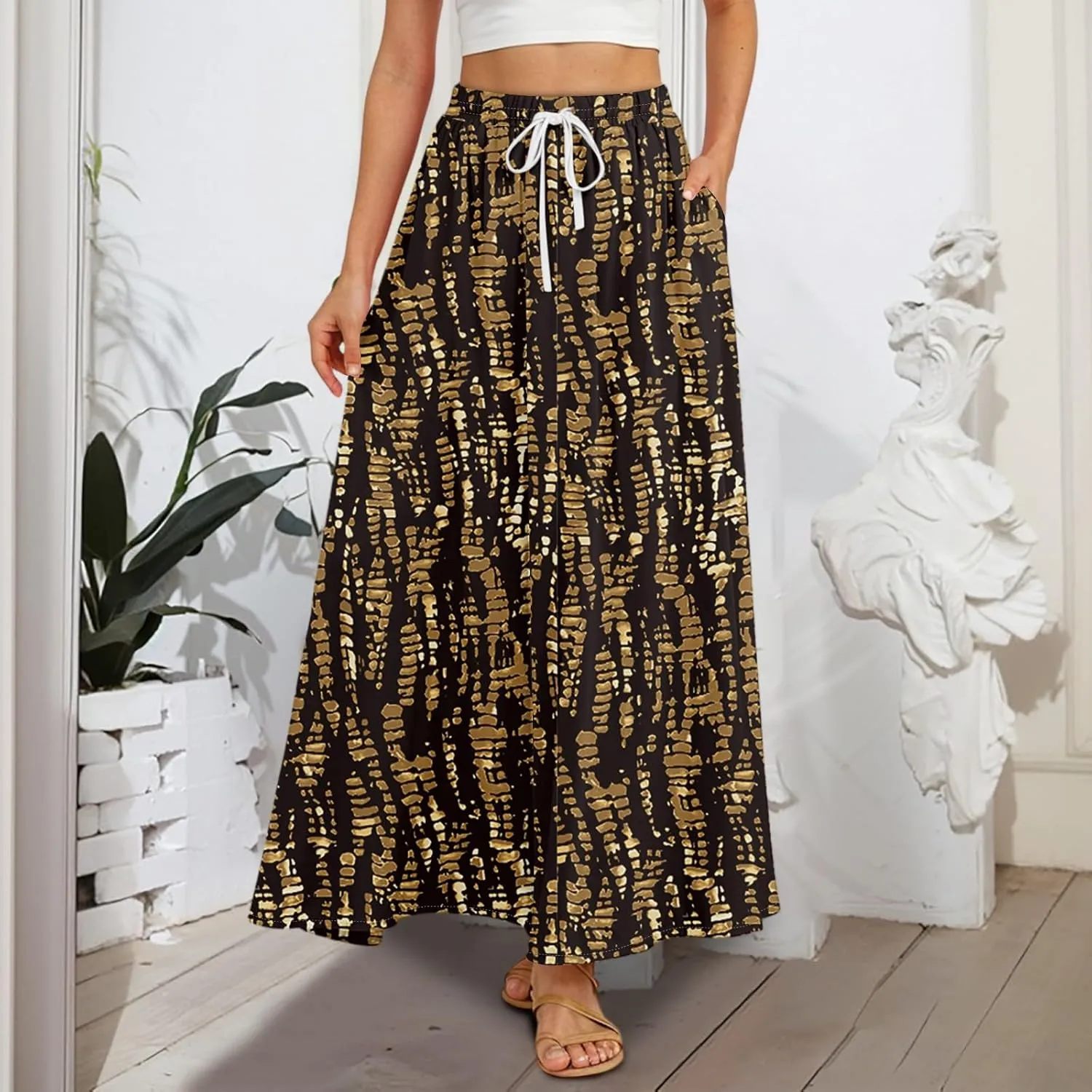 Women's Flowy Maxi Skirt Summer High Waisted Pleated tie Casual Long Skirts with Pockets, S-2XL