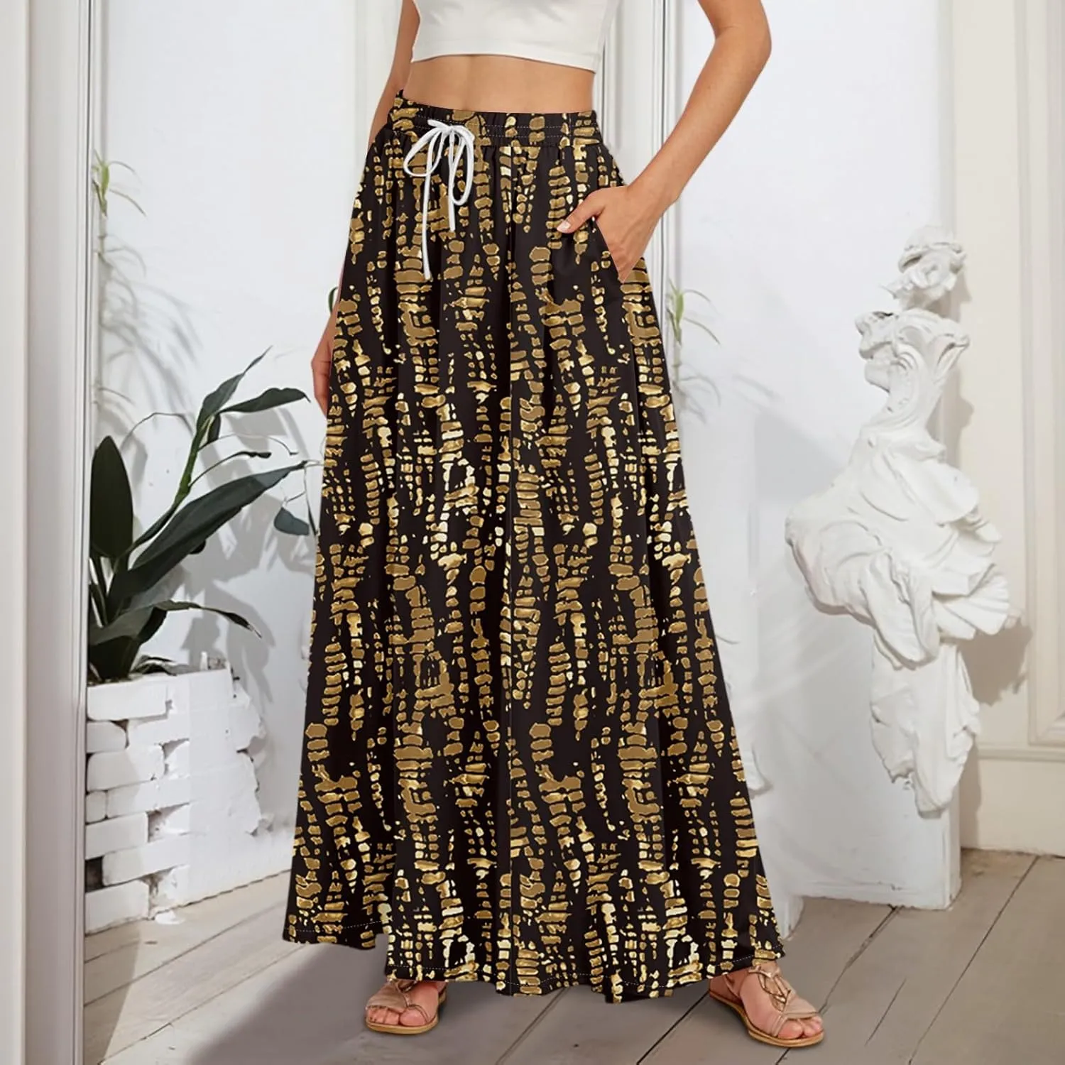 Women's Flowy Maxi Skirt Summer High Waisted Pleated tie Casual Long Skirts with Pockets, S-2XL
