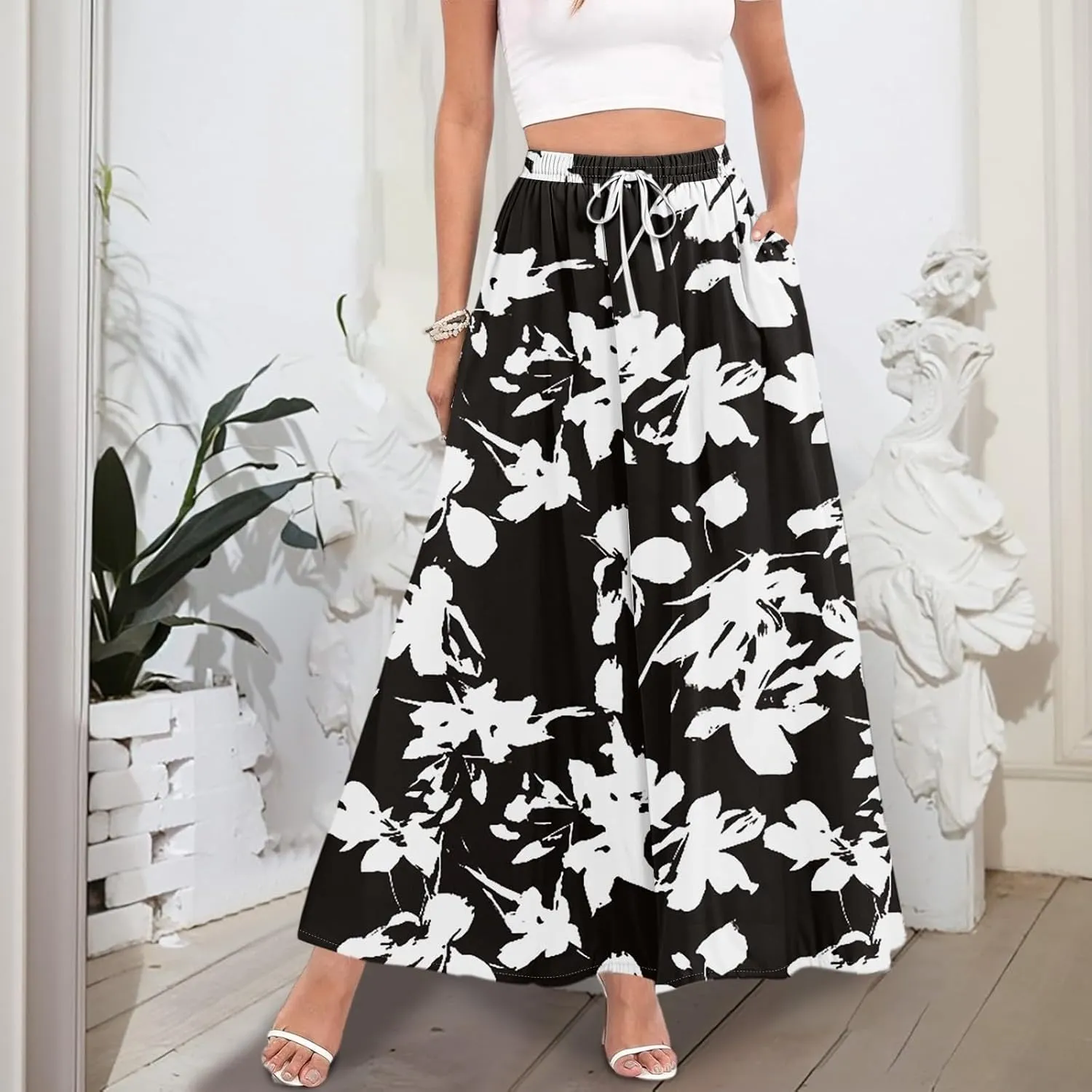 Women's Flowy Maxi Skirt Summer High Waisted Pleated tie Casual Long Skirts with Pockets, S-2XL
