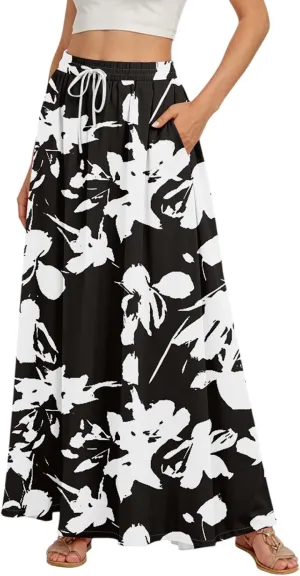 Women's Flowy Maxi Skirt Summer High Waisted Pleated tie Casual Long Skirts with Pockets, S-2XL