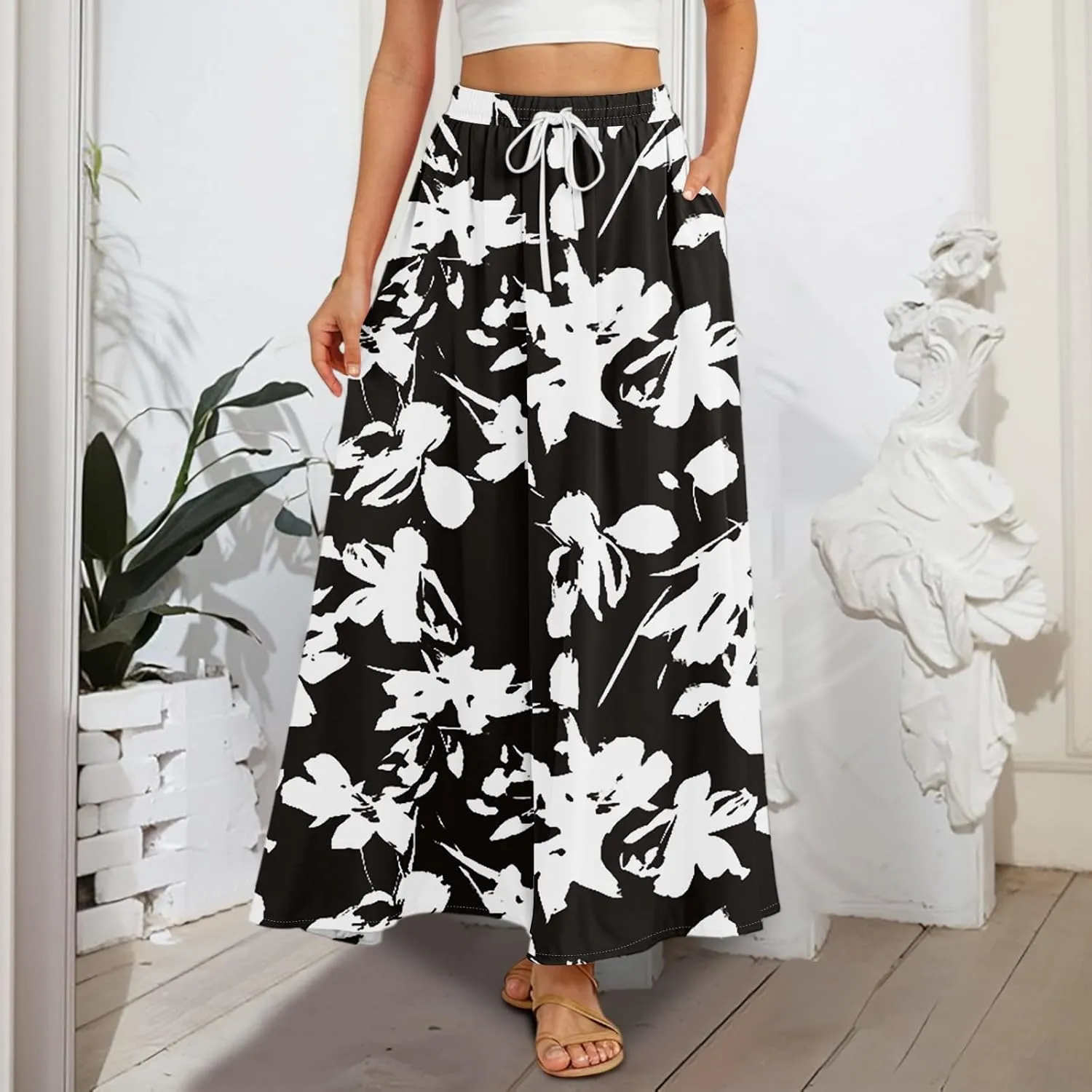 Women's Flowy Maxi Skirt Summer High Waisted Pleated tie Casual Long Skirts with Pockets, S-2XL