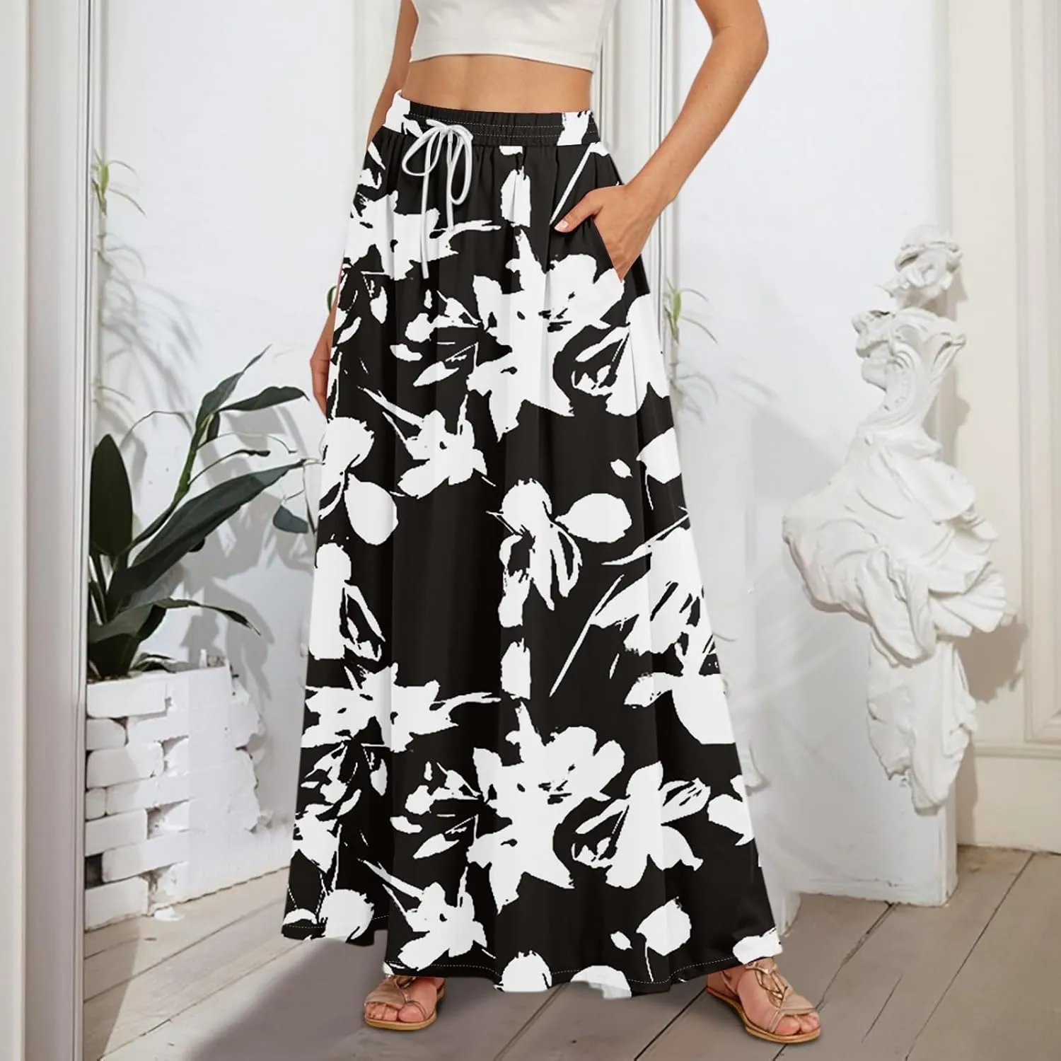 Women's Flowy Maxi Skirt Summer High Waisted Pleated tie Casual Long Skirts with Pockets, S-2XL