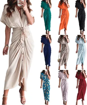 Women's Flowy Midi Dresses Ruffled Boho Dress Casual Beach Sundress Lapel Button Waist Lace-up Business Long Skirts