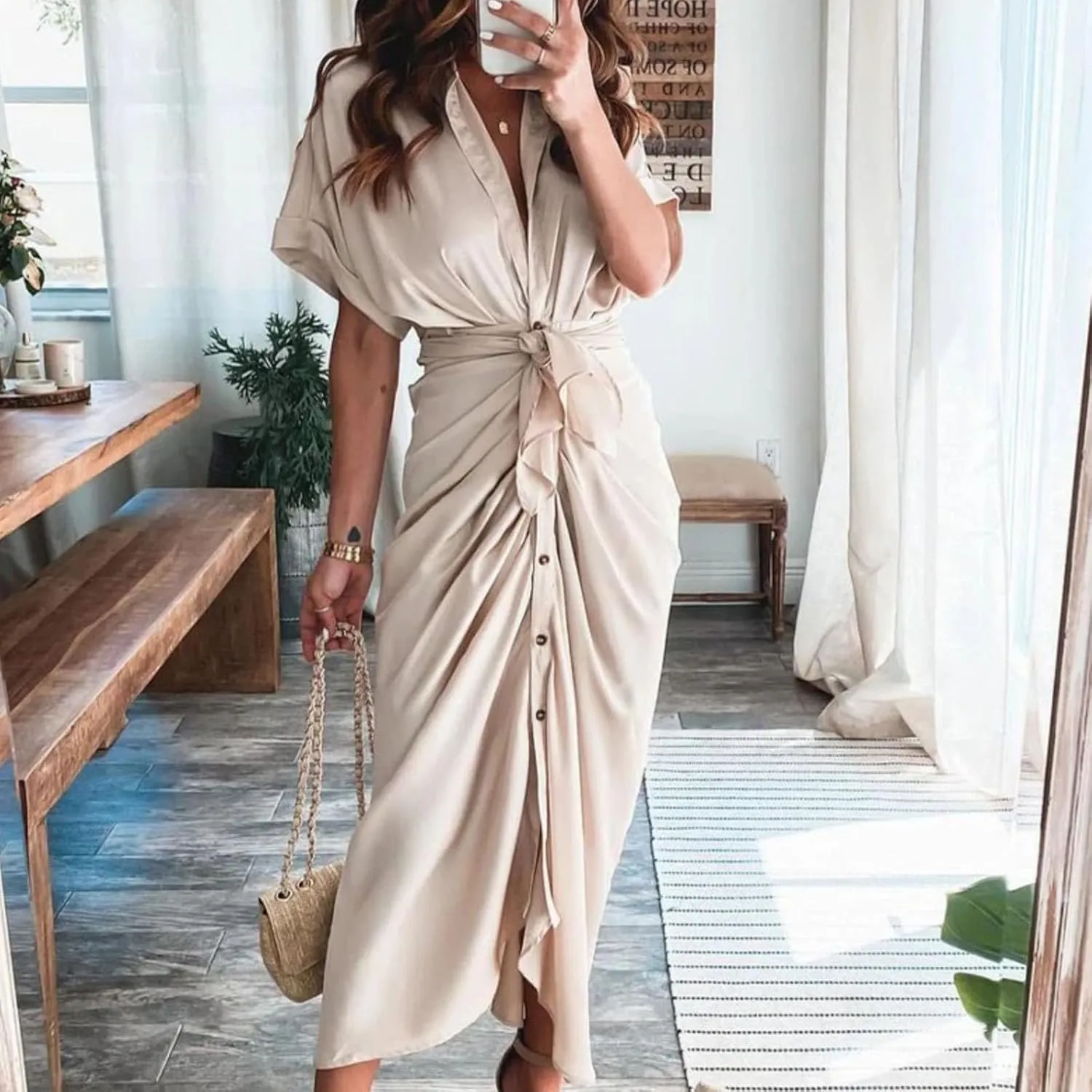 Women's Flowy Midi Dresses Ruffled Boho Dress Casual Beach Sundress Lapel Button Waist Lace-up Business Long Skirts