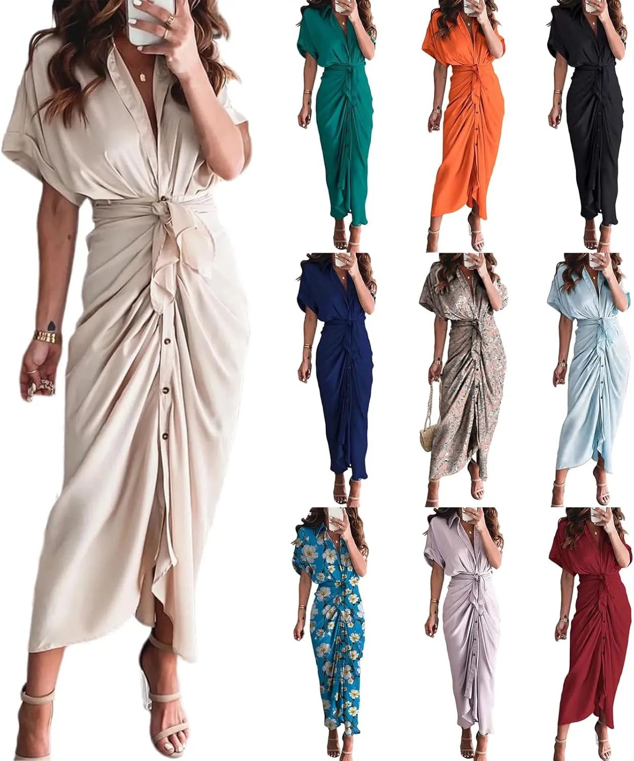 Women's Flowy Midi Dresses Ruffled Boho Dress Casual Beach Sundress Lapel Button Waist Lace-up Business Long Skirts
