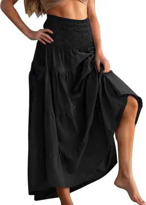Womens Flowy Pleated Skirts High Elastic Waist A Line Boho Casual Midi Long Skirt Summer Casual Beach Cute Skirt