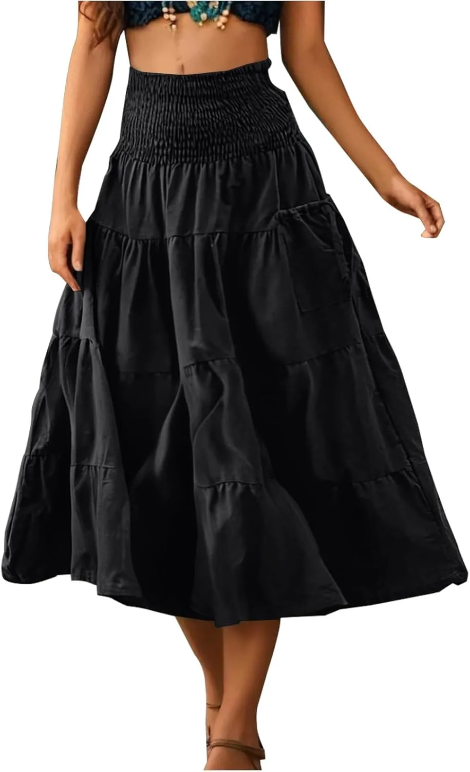 Womens Flowy Pleated Skirts High Elastic Waist A Line Boho Casual Midi Long Skirt Summer Casual Beach Cute Skirt