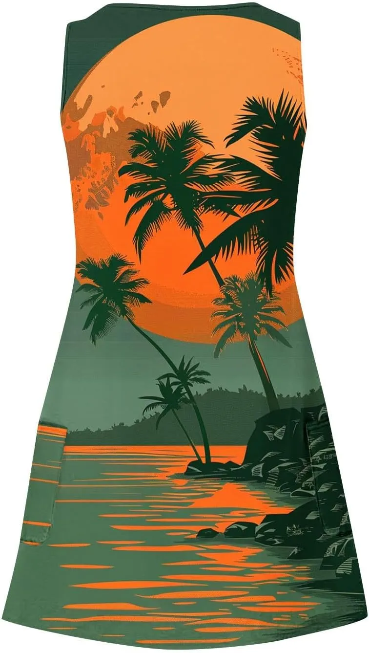 Women's Hawaiian Print Tank Dresses Summer Sleeveless Boho Beach Dress Casual V Neck Loose Fit Mini Sundress