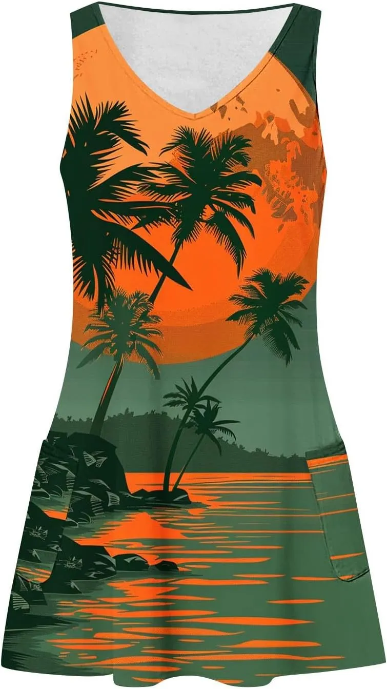 Women's Hawaiian Print Tank Dresses Summer Sleeveless Boho Beach Dress Casual V Neck Loose Fit Mini Sundress