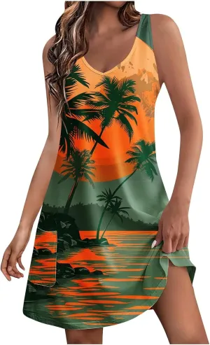 Women's Hawaiian Print Tank Dresses Summer Sleeveless Boho Beach Dress Casual V Neck Loose Fit Mini Sundress
