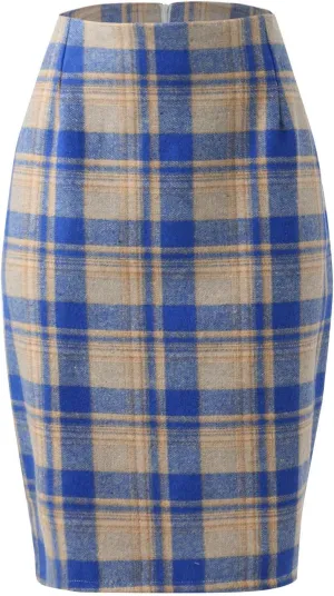 Womens High Waist Plaid Skirt Bodycon Pencil Wool Mini Skirts Dressy Casual Flannel Work Date Hip-Covering Skirt