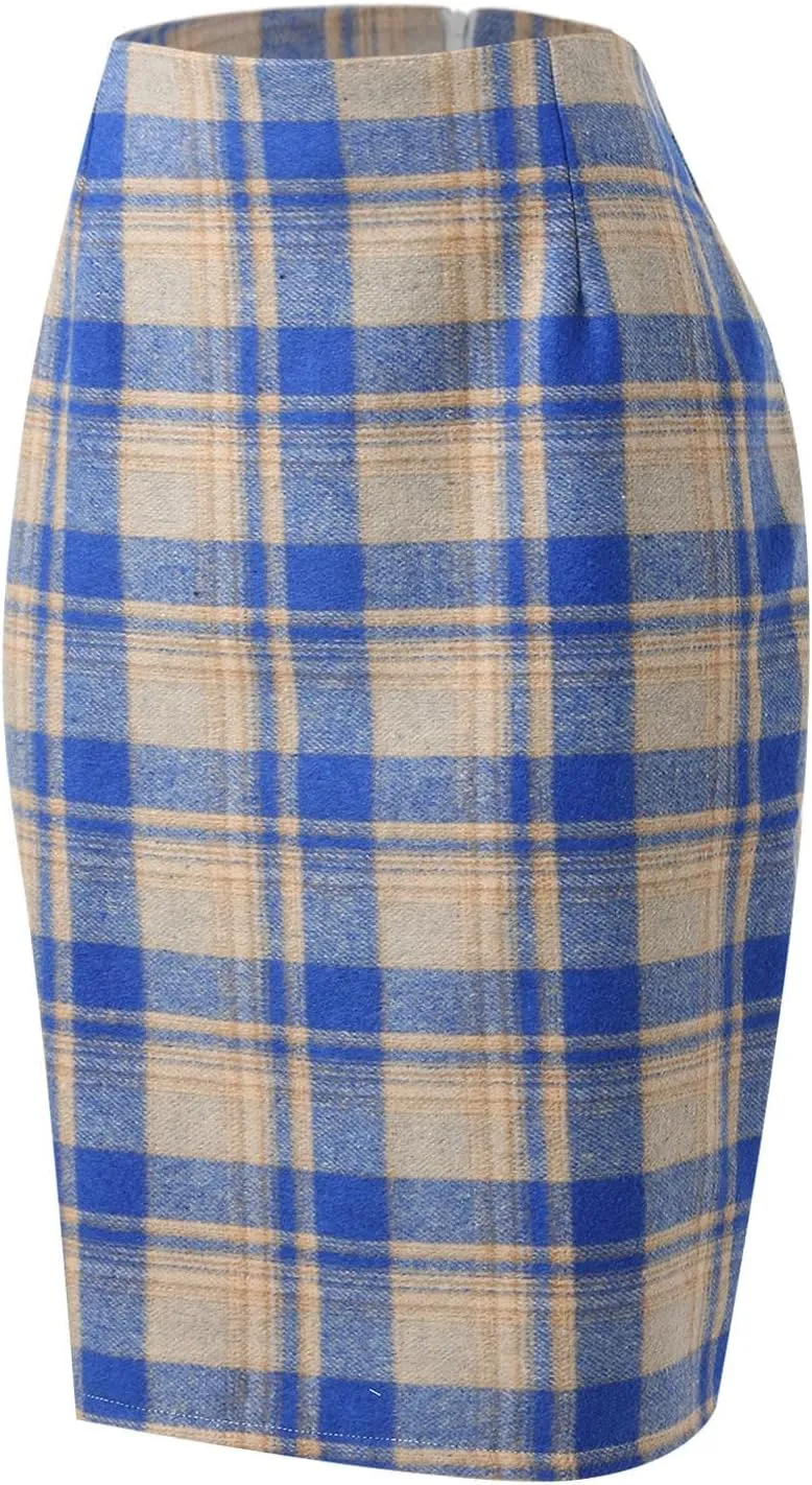 Womens High Waist Plaid Skirt Bodycon Pencil Wool Mini Skirts Dressy Casual Flannel Work Date Hip-Covering Skirt