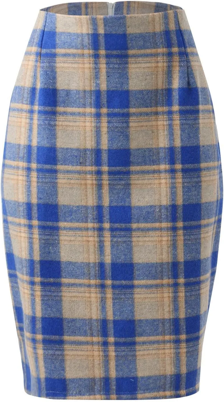Womens High Waist Plaid Skirt Bodycon Pencil Wool Mini Skirts Dressy Casual Flannel Work Date Hip-Covering Skirt