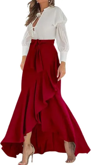 Women's High Waist Prom Party Skirts Plus Size Elegant Bodycon Ruffle Slit Maxi Skirt Flowy Evening Dresses