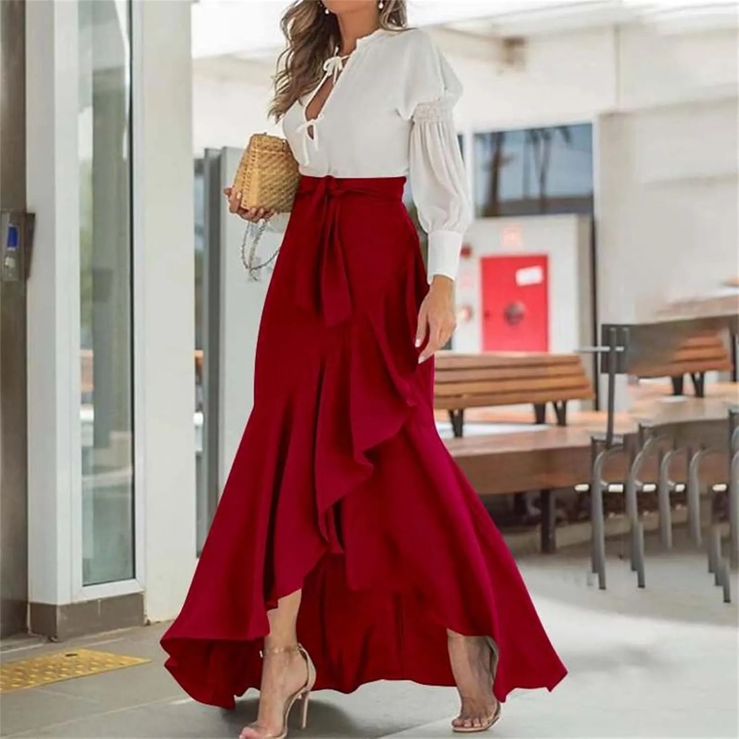 Women's High Waist Prom Party Skirts Plus Size Elegant Bodycon Ruffle Slit Maxi Skirt Flowy Evening Dresses