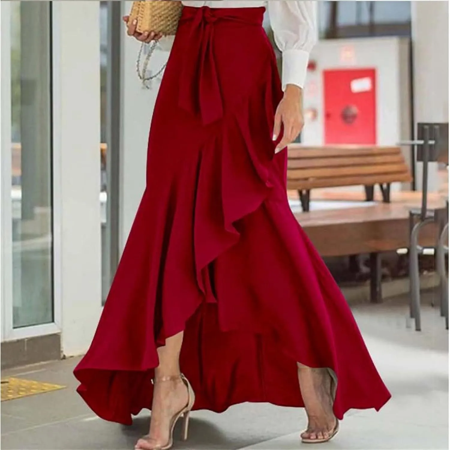 Women's High Waist Prom Party Skirts Plus Size Elegant Bodycon Ruffle Slit Maxi Skirt Flowy Evening Dresses