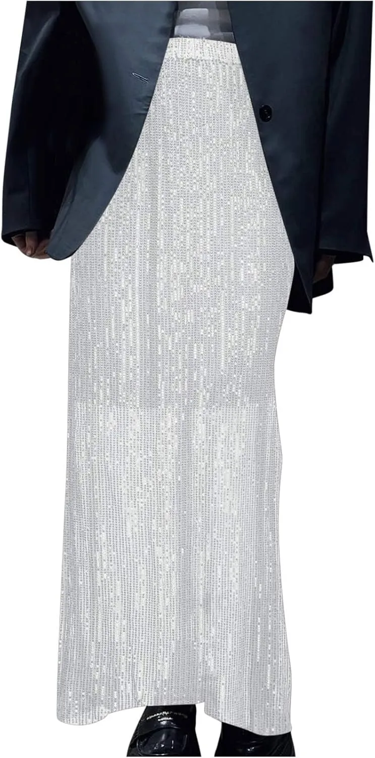Women's High Waist Sequin Maxi Skirt Sparkly Glitter Sexy Slim Fit Pencil Skirts Night Out Bodycon Party Clubwear