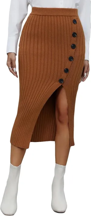 Women's Knit Bodycon Midi Skirt Button Front Split Stretchy High Waisted Elastic Waist Casual Pencil Skirts