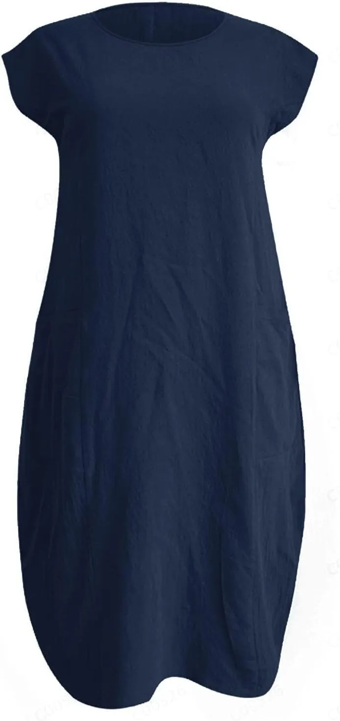 Womens Linen Dress Casual Round Neck Short Sleeve Midi Dresses Summer Loose Fit Solid Color Beach Dress with Pockets