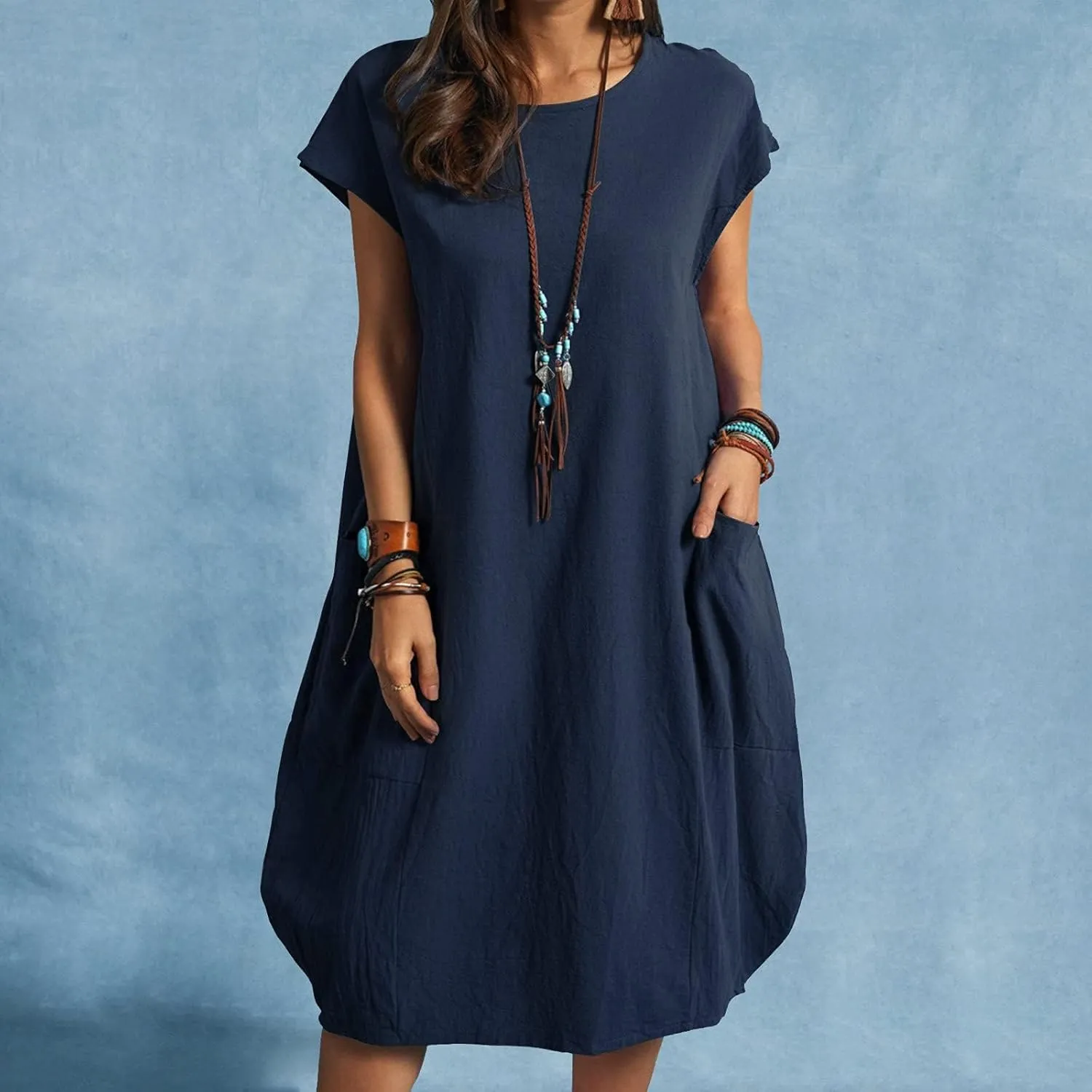Womens Linen Dress Casual Round Neck Short Sleeve Midi Dresses Summer Loose Fit Solid Color Beach Dress with Pockets