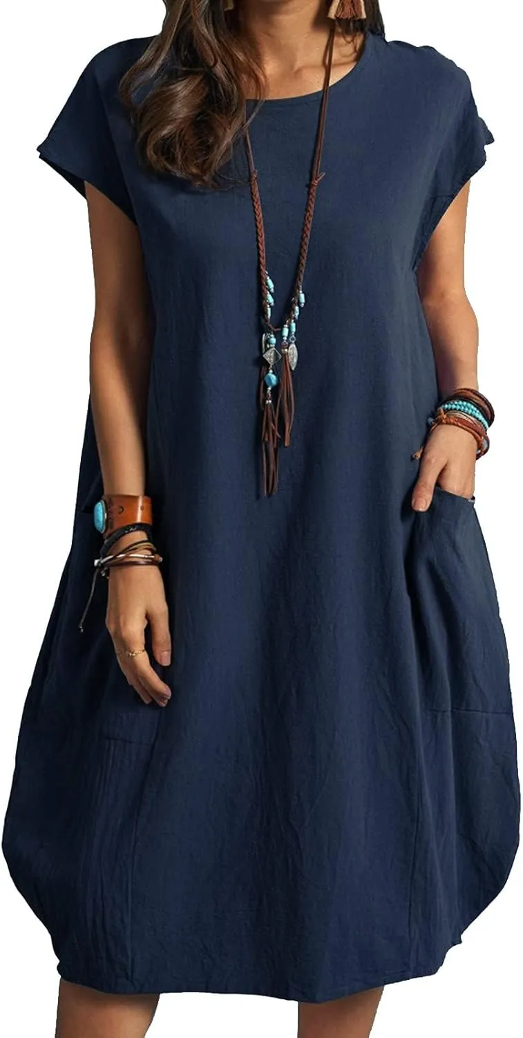Womens Linen Dress Casual Round Neck Short Sleeve Midi Dresses Summer Loose Fit Solid Color Beach Dress with Pockets