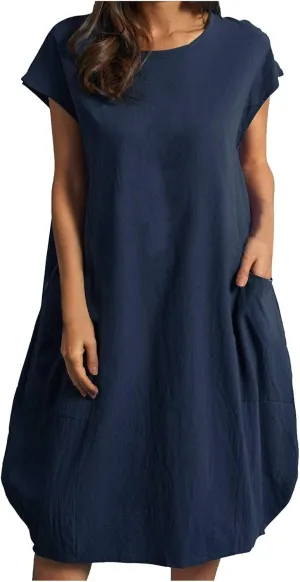 Womens Linen Dress Casual Round Neck Short Sleeve Midi Dresses Summer Loose Fit Solid Color Beach Dress with Pockets