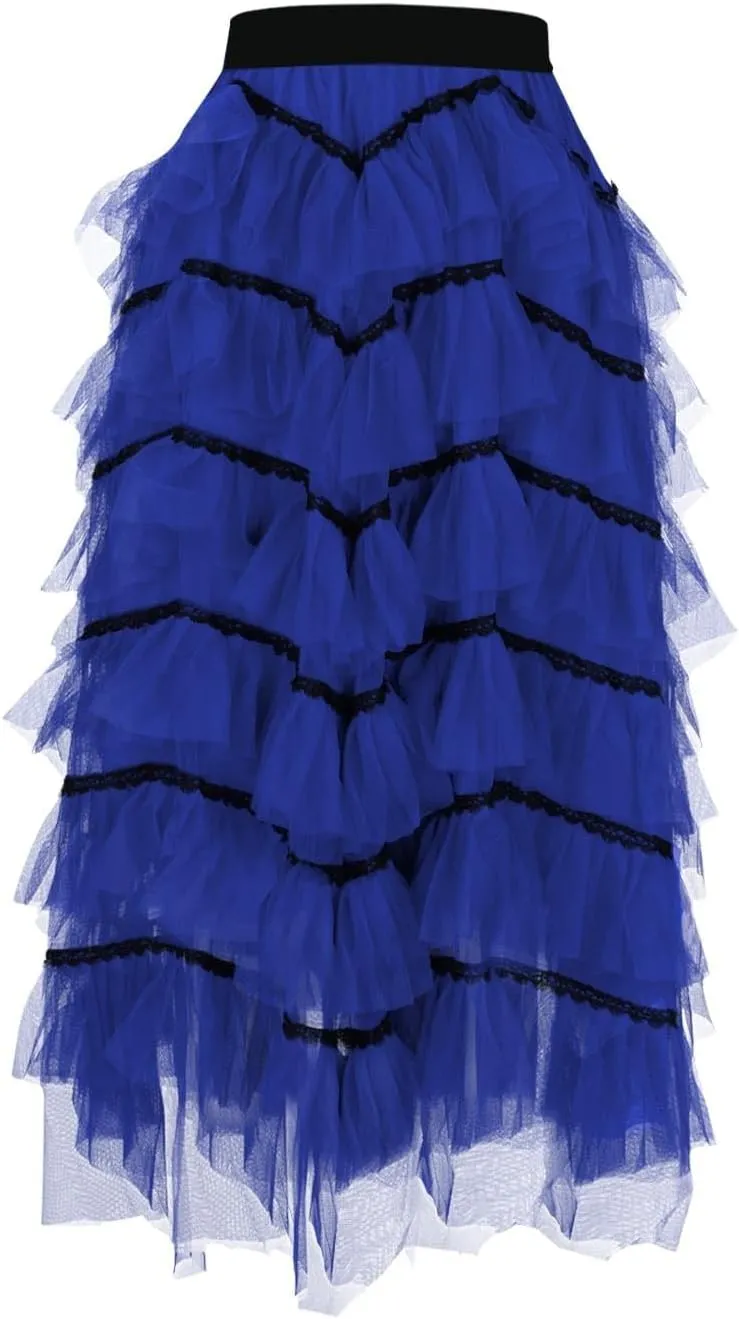 Womens Lolita Cake Skirts Layered Tulle Midi Skirt Elastic Waist Solid Color Mesh Prom Party Skirt