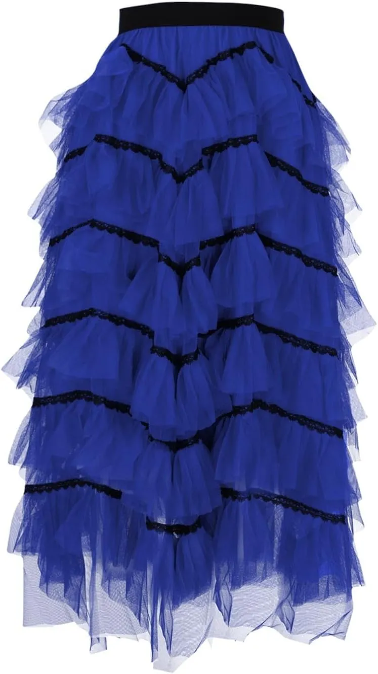 Womens Lolita Cake Skirts Layered Tulle Midi Skirt Elastic Waist Solid Color Mesh Prom Party Skirt