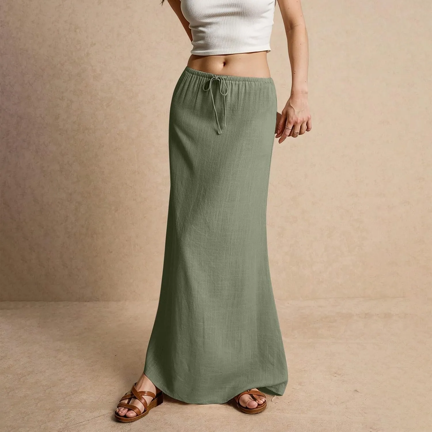 Women's Long Skirts 2025 Boho Summer Elastic Waist Solid Tie Athletic Maxi Skirt with Pockets Trendy, S-2XL
