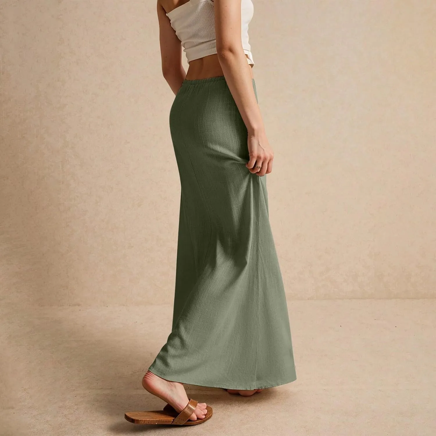 Women's Long Skirts 2025 Boho Summer Elastic Waist Solid Tie Athletic Maxi Skirt with Pockets Trendy, S-2XL