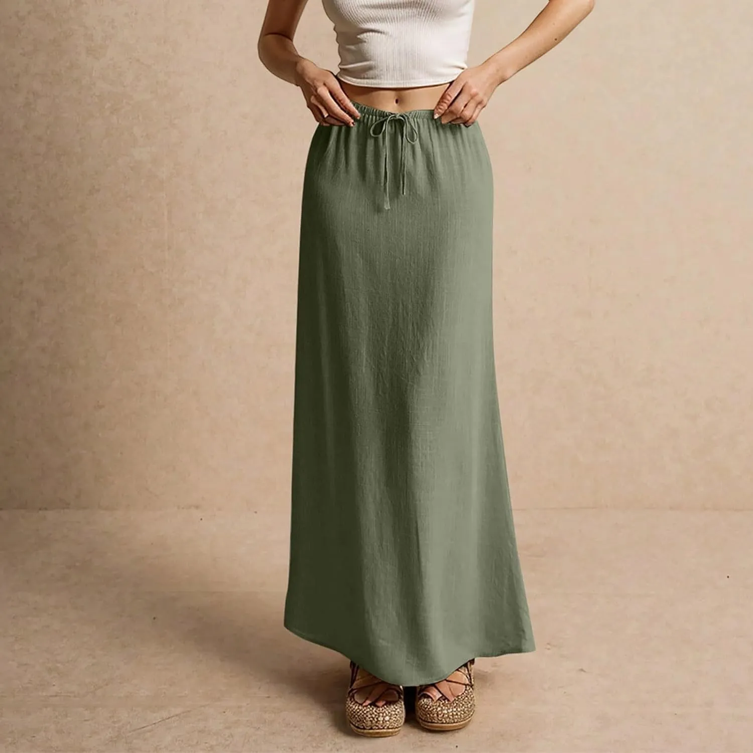 Women's Long Skirts 2025 Boho Summer Elastic Waist Solid Tie Athletic Maxi Skirt with Pockets Trendy, S-2XL