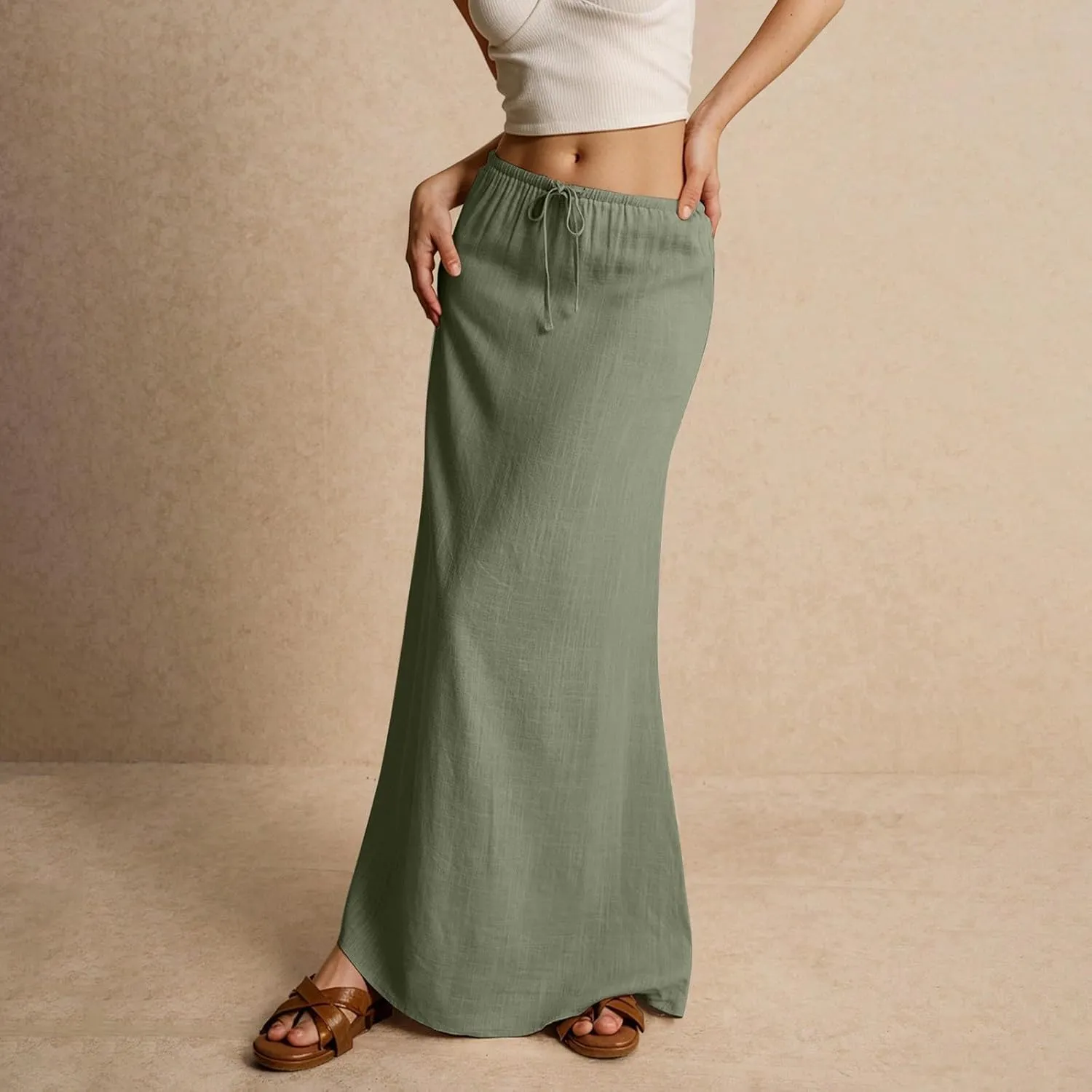 Women's Long Skirts 2025 Boho Summer Elastic Waist Solid Tie Athletic Maxi Skirt with Pockets Trendy, S-2XL