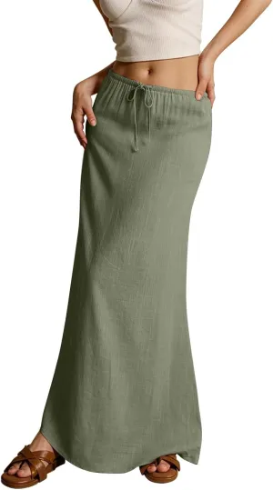 Women's Long Skirts 2025 Boho Summer Elastic Waist Solid Tie Athletic Maxi Skirt with Pockets Trendy, S-2XL