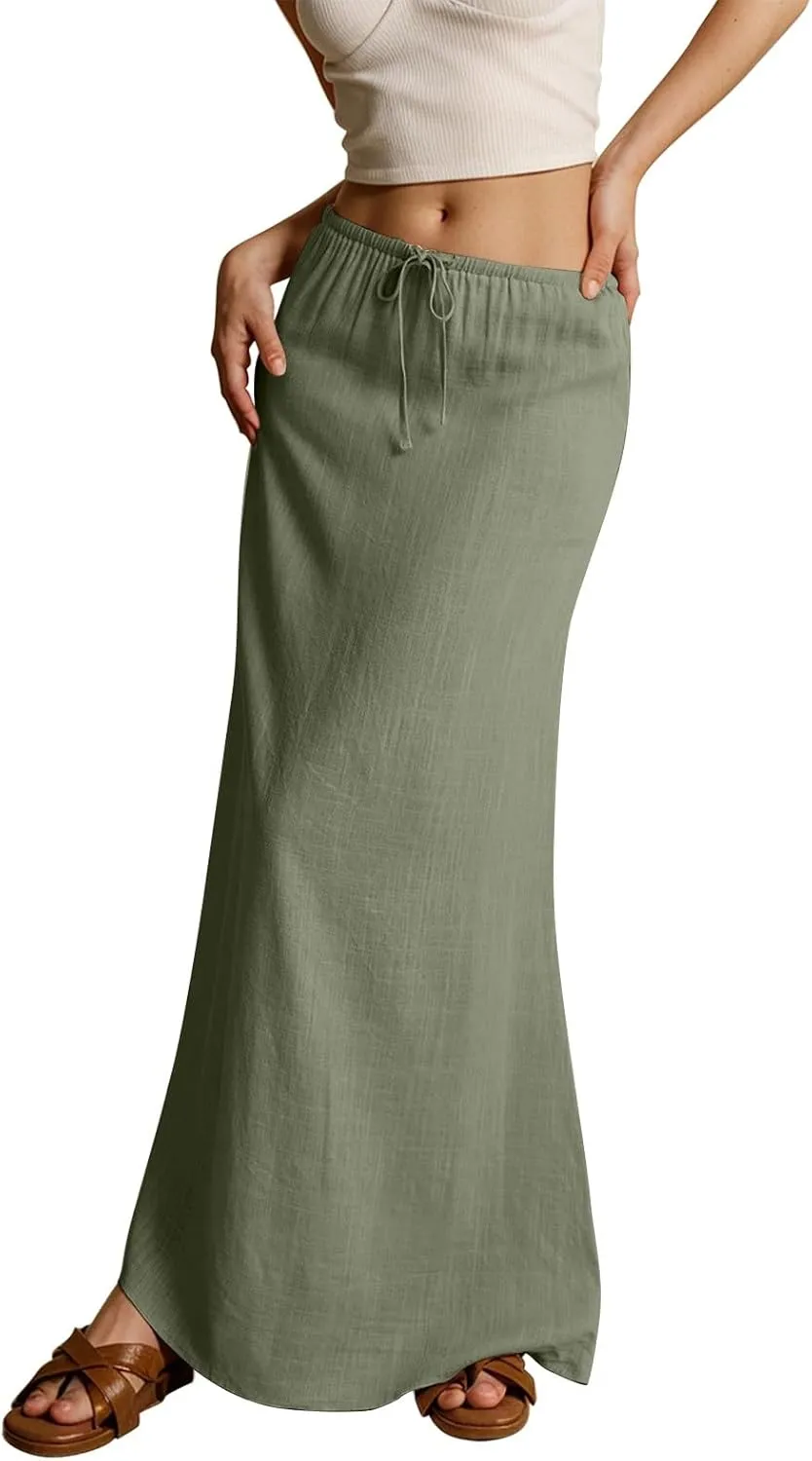 Women's Long Skirts 2025 Boho Summer Elastic Waist Solid Tie Athletic Maxi Skirt with Pockets Trendy, S-2XL