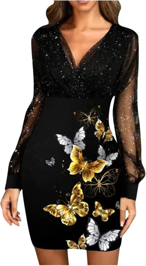 Women's Long Sleeve V-Neck Lace Printed Cocktail Prom Dresses