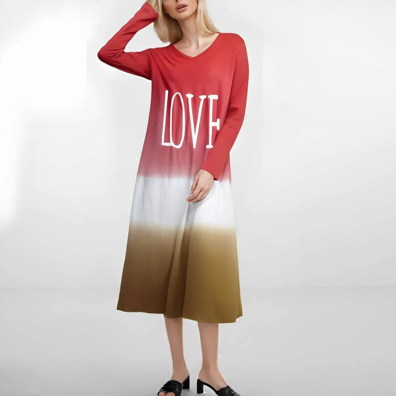Womens Lounge Dresses 2025 Casual Loose Fit Long Sleeve Crew Neck Midi Dress Trendy Tie-Dye Print Plus Size Dress