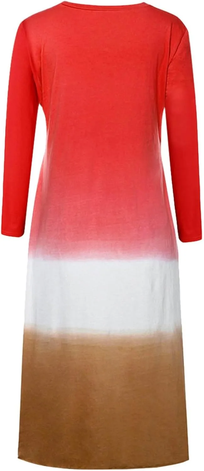 Womens Lounge Dresses 2025 Casual Loose Fit Long Sleeve Crew Neck Midi Dress Trendy Tie-Dye Print Plus Size Dress