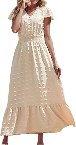 Womens Maxi A Line Dresses 2025 Short Sleeve V Neck Boho Dress High Waisted Swiss Dot Ruffle Tiered Long Dress