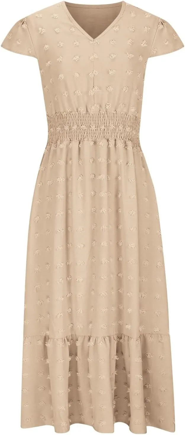 Womens Maxi A Line Dresses 2025 Short Sleeve V Neck Boho Dress High Waisted Swiss Dot Ruffle Tiered Long Dress