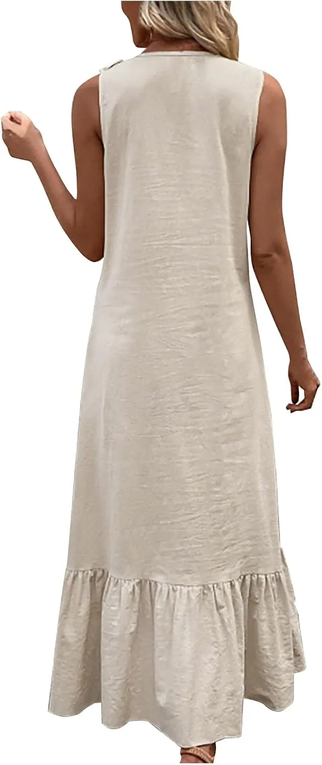Womens Maxi Dresses 2025 Summer Sexy V Neck Sleeveless Tank Dress Swing Ruffle Hem Going Out Dress