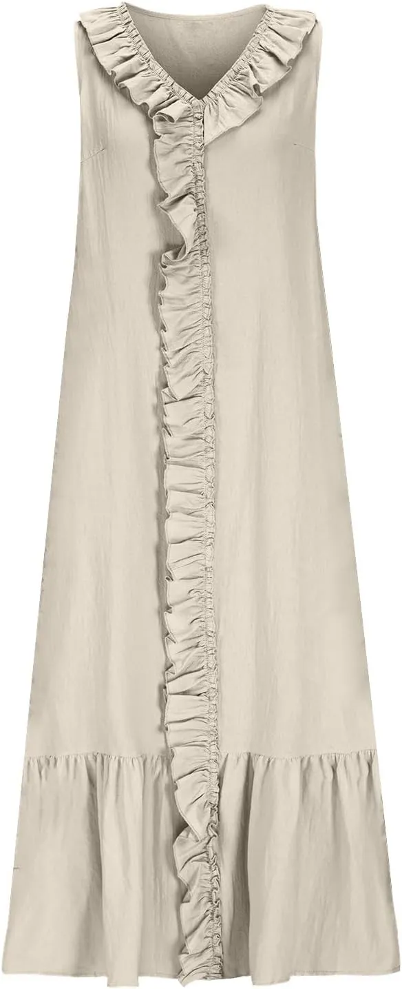Womens Maxi Dresses 2025 Summer Sexy V Neck Sleeveless Tank Dress Swing Ruffle Hem Going Out Dress