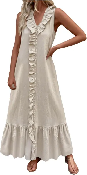 Womens Maxi Dresses 2025 Summer Sexy V Neck Sleeveless Tank Dress Swing Ruffle Hem Going Out Dress