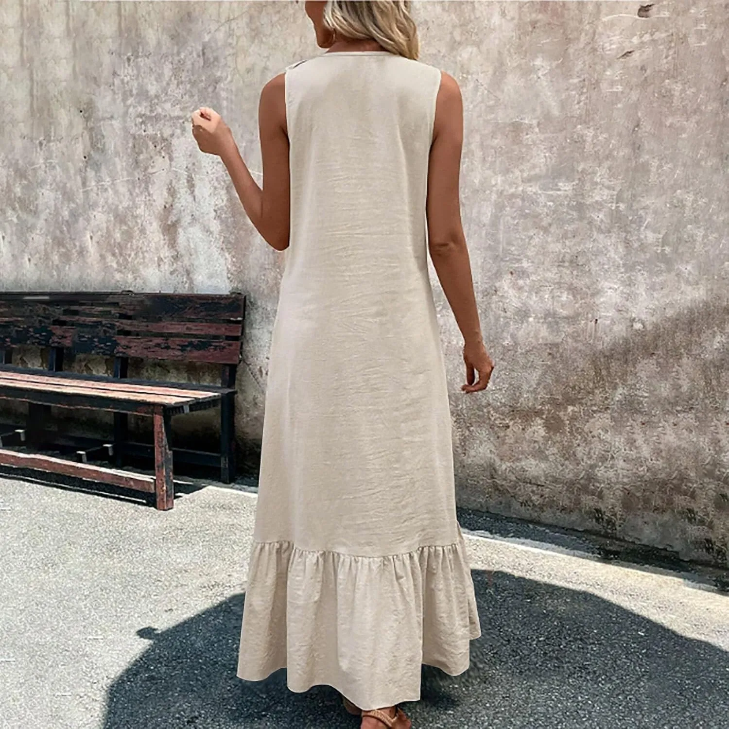 Womens Maxi Dresses 2025 Summer Sexy V Neck Sleeveless Tank Dress Swing Ruffle Hem Going Out Dress