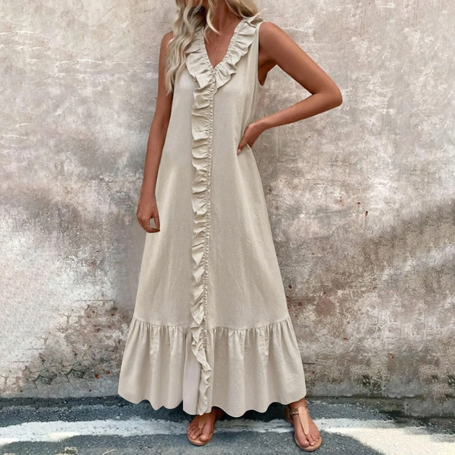 Womens Maxi Dresses 2025 Summer Sexy V Neck Sleeveless Tank Dress Swing Ruffle Hem Going Out Dress